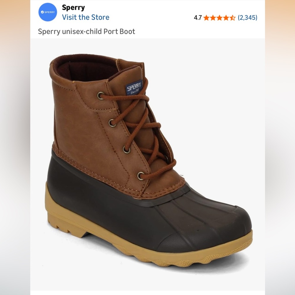 Sperry Kids youth size 2 Brown and Black Waterproof Duck Boots
